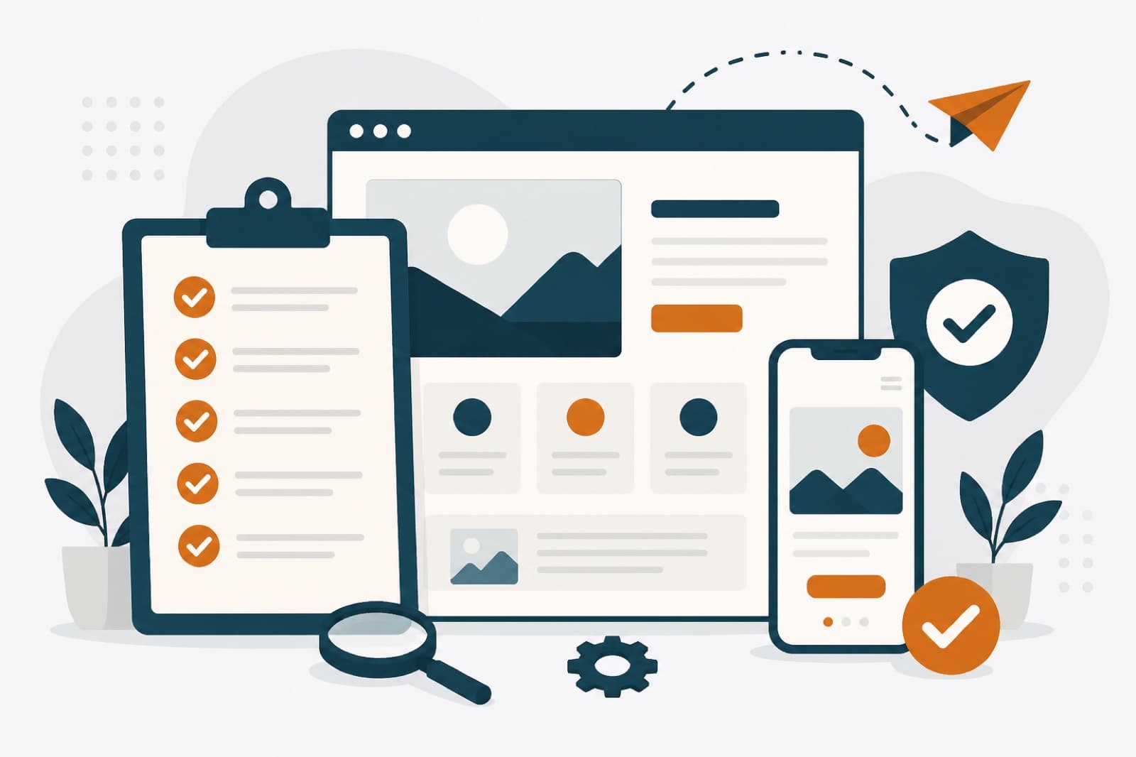 Illustrazione: checklist pre-lancio sito web su clipboard e browser