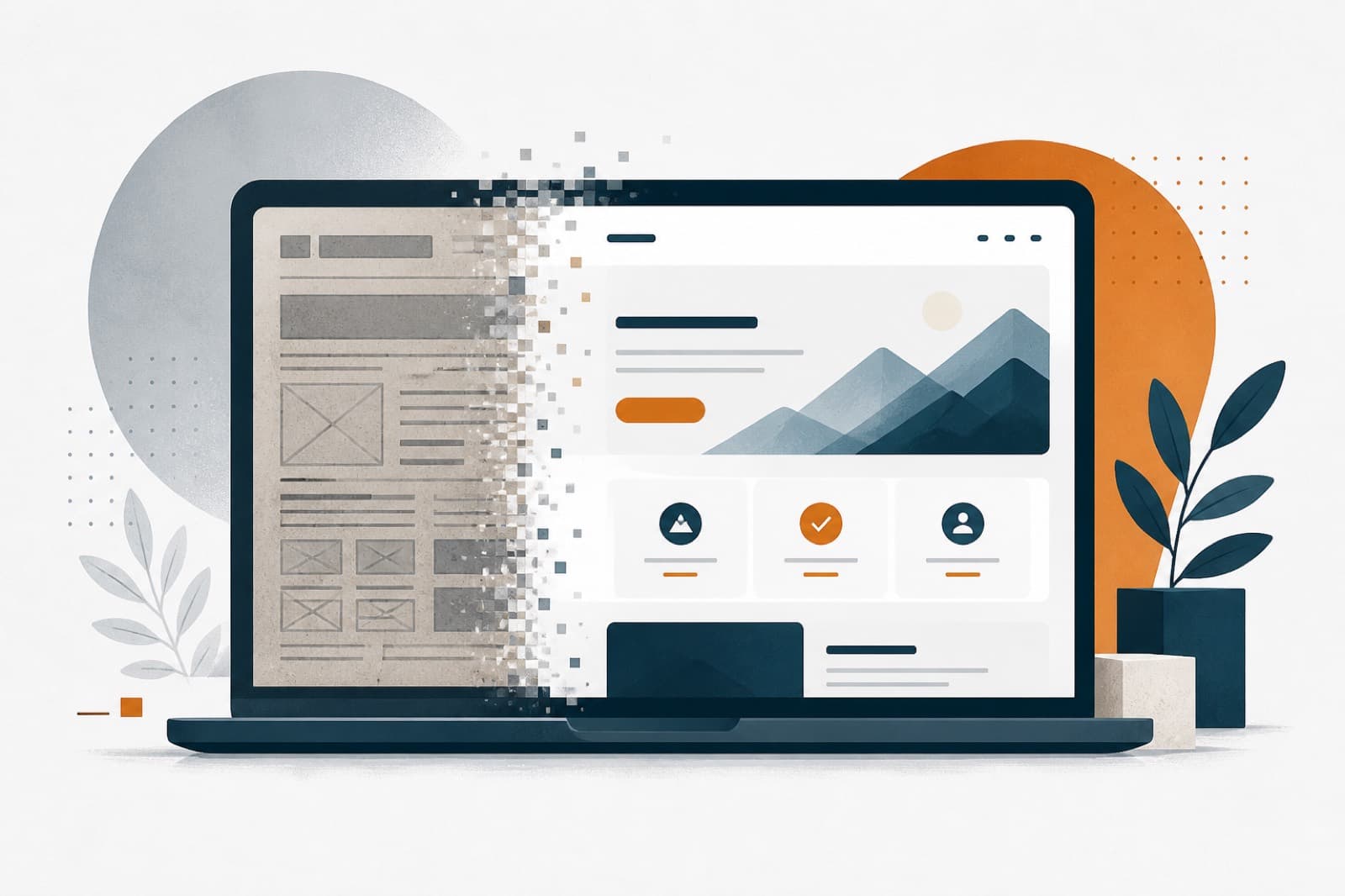 Illustrazione: da sito web datato a layout moderno — metafora del rifacimento