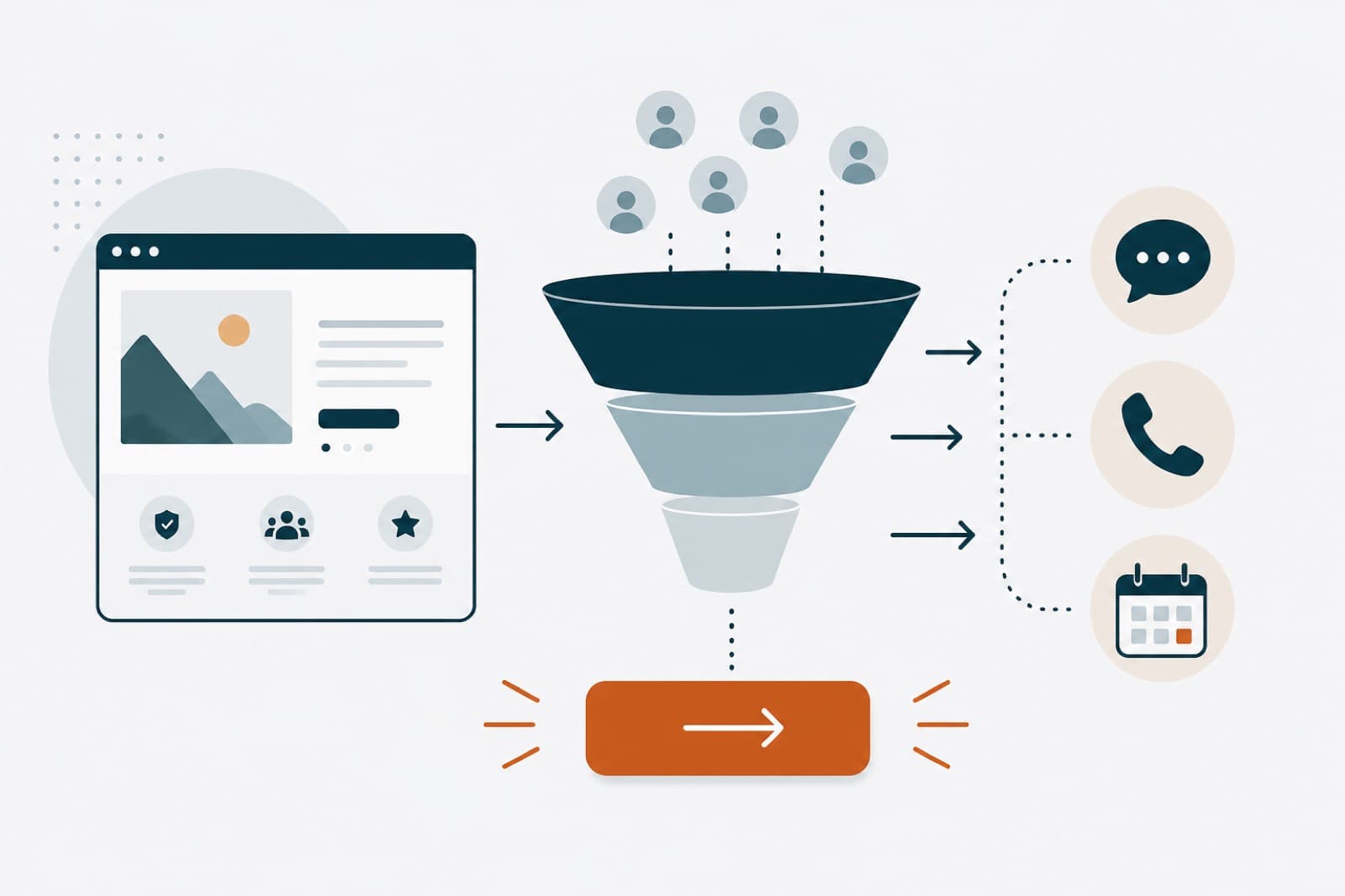 Illustrazione: sito web con call to action che porta a contatti e prenotazioni