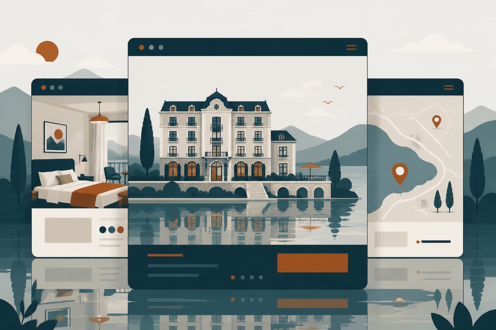 Illustrazione: sito web hotel con pagine home, camere e mappa